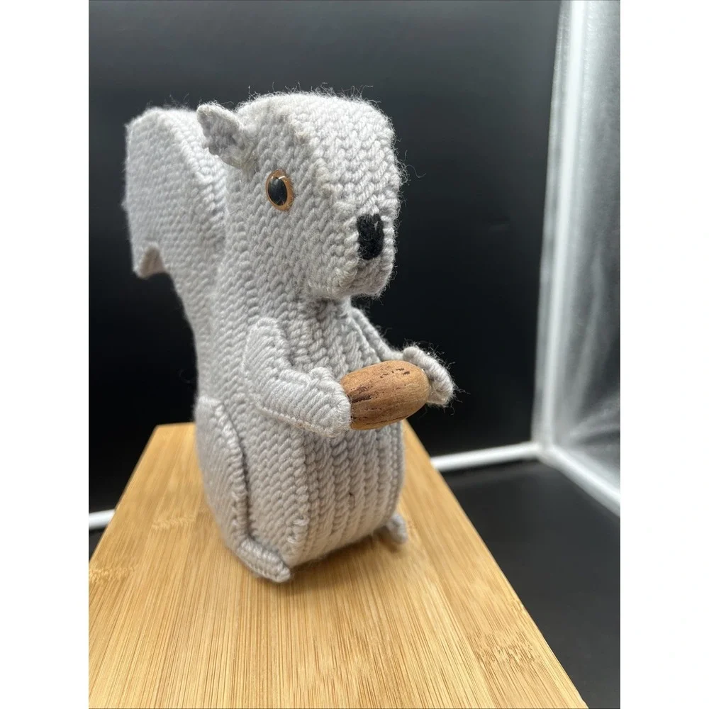 Vintage Handmade Crocheted Squirrel With Wooden Nut 8